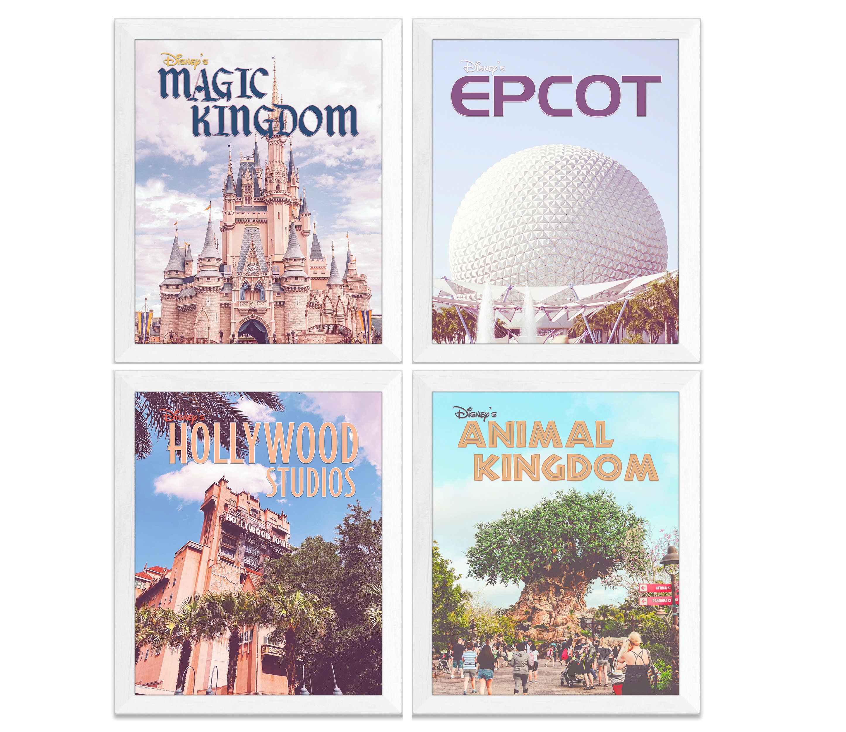 Vintage Disney-Magic Kingdom-Epcot-Animal Kingdom-Hollywood Studio-Poster Prints, Set of 4, UNFRAMED, Home Wall Art Decor, All Sizes