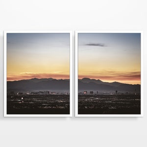 Las Vegas Nevada City Skyline at Sunset Sunrise Photography Prints, Set of 2, UNFRAMED, Vegas Landscape Wall Art Decor Poster, All Sizes