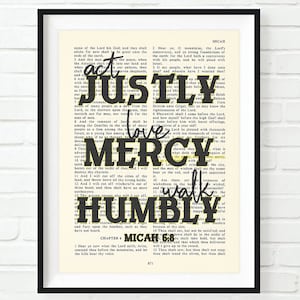 Vintage Bible page verse scripture - Act Justly Love Mercy Walk Humbly - Micah 6:8 ART PRINT or CANVAS christian Christmas gift, All Sizes