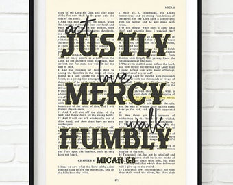 Vintage Bible page verse scripture - Act Justly Love Mercy Walk Humbly - Micah 6:8 ART PRINT or CANVAS christian Christmas gift, All Sizes