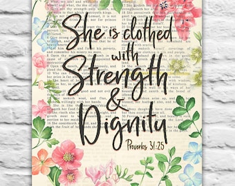 Versículo de la página bíblica vintage -Ella está vestida con fuerza y dignidad - Proverbios 31:25 Descarga digital instantánea,8x10 11x14 regalo cristiano