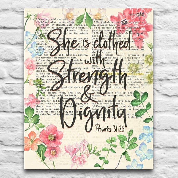 Vintage Bible page verse -She is Clothed with Strength and Dignity - Proverbs 31:25 Instant DIGITAL DOWNLOAD,8x10 11x14 Christian gift
