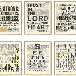 May include: Set of six printable wall art prints featuring bible verses in black text on a vintage book page background. The verses are: "Be strong, be courageous, be fearless. God is with you wherever you go." "Trust in the Lord with all your heart." "For I know the plans I have for you, says the Lord, plans to prosper you and not to harm you, plans to give you hope and a future." "Never lose sight, I can do all things. Never give up. Work hard. Be brave through the fight. Christ who strengthens me." "See the good in all things." "Love, joy, peace, patience, kindness, goodness, faithfulness, gentleness, self-control."