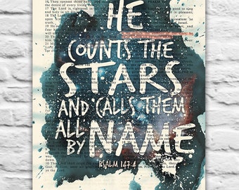 Psalm 147:4 - He Counts the Stars and Calls Them All By Name- Vintage Bible printable DIGITAL , Diy Christian Gift, 8x10 & 11x14 Jpegs