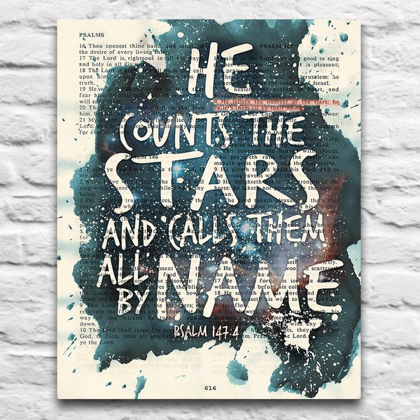 Psalm 147:4 - He Counts the Stars and Calls Them All By Name- Vintage Bible printable DIGITAL , Diy Christian Gift, 8x10 & 11x14 Jpegs