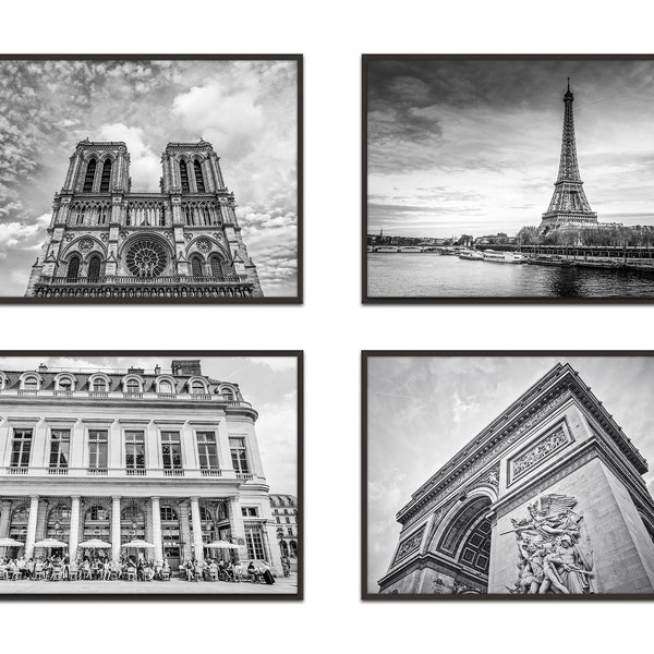 Black and White Paris FrancePhotography Prints, Set of 4, UNFRAMED, Eiffel Tower, Arc de Triomphe, Cafe, Home Wall Art Decor, All Sizes