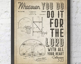 Whatever you do, do it for the Lord- Colossians 3:23 Bible Verse Patent ART PRINT,  Vintage Basketball Patent, Christian gift, All Sizes