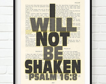 Vintage Bible page verse scripture - I Will Not Be Shaken- Psalm 16:8 ART PRINT or CANVAS Christian family gift, All Sizes