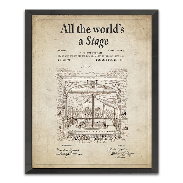 All the World's A Stage- Shakespeare Quote Patent ART PRINT, Drama Theatre Home & Wall Decor Gift, All Sizes