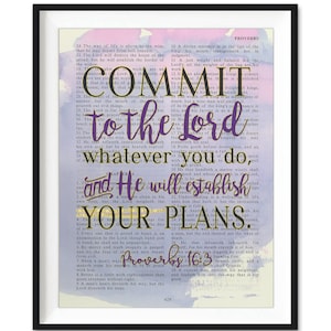 Vintage Bible page verse scripture -Commit to the Lord whatever you do - Proverbs 16:3 ART PRINT or CANVAS Christian gift, All Sizes