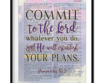 Vintage Bible page verse scripture -Commit to the Lord whatever you do - Proverbs 16:3 ART PRINT or CANVAS Christian gift, All Sizes