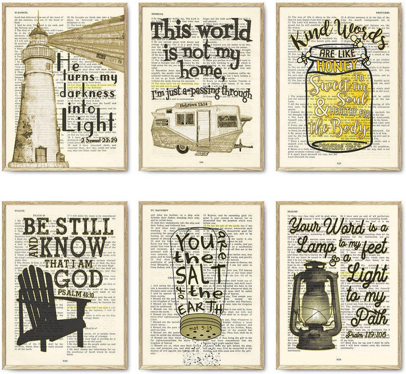 May include: Set of six printable wall art prints featuring inspirational bible verses and imagery. The prints feature a lighthouse, a camper, a jar of honey, a chair, a salt shaker, and a lantern. Each print has a different verse from the bible.