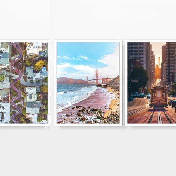 Vintage San Francisco California Photography Prints, Set of 3, UNFRAMED, Golden Gate Bridge, Lombard Street, Trolley Wall Art, All Sizes