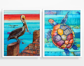 Coastal Sea Animal Prints by Danny Phillips, Set of 2, UNFRAMED, Pelican and Seat Turtle Wall Art Decor Poster, All Sizes