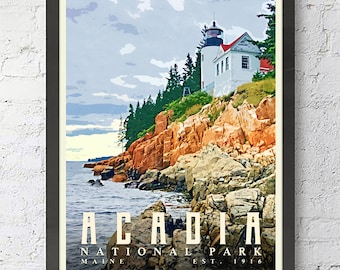 Acadia National Park Maine Graphic Illustration Art Print or Canvas, Wall Home art decor poster sign gift, All Sizes