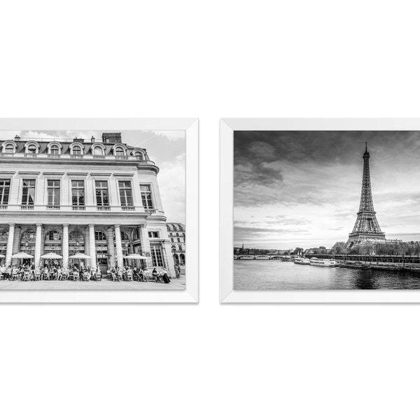 Vintage Faded Black and White Paris Photography Prints, Set of 2, UNFRAMED, Italian Decor Photography, Eiffel Tower, Cafe Poster, All Sizes