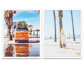 Classic Van and Surfboard Prints, Set of 2, UNFRAMED, Coastal Decor Photography, Nautical Wall Art Decor Poster, All Sizes