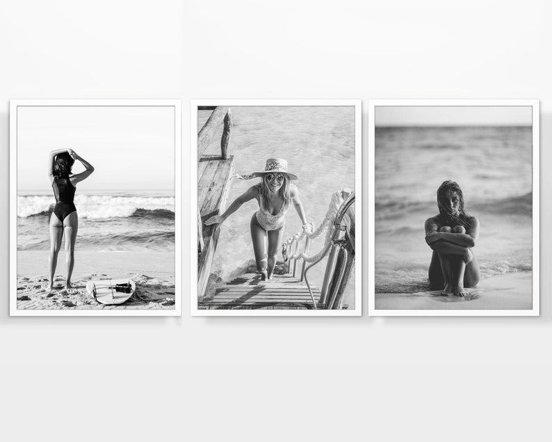 Black and White Model Photography Prints, Set of 3, UNFRAMED, Bikini pictures, Coastal Beach Ocean Home and Wall Art Decor Poster, All Sizes 