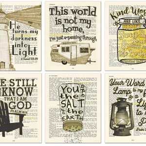 May include: Six printable art prints featuring bible verses and inspirational quotes. Each print features a vintage book page background with a hand-drawn illustration. The illustrations include a lighthouse, a camper, a jar of honey, a chair, a salt shaker, and a lantern.