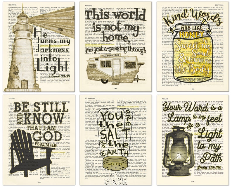 May include: Six printable art prints featuring bible verses and inspirational quotes. Each print features a vintage book page background with a hand-drawn illustration. The illustrations include a lighthouse, a camper, a jar of honey, a chair, a salt shaker, and a lantern.
