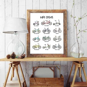 May include: A white poster with the title "LIFE CYCLES" and illustrations of different types of bicycles, each labelled with a humorous name like "The Amateur", "The Commuter", "The Mountain Bike", "The Old-Timer", and more.