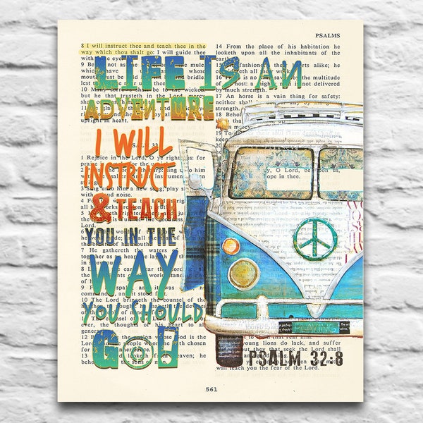 Psalm 32:8 - Life is An Adventure, I Wil Instruct and Teach You- Vintage Bible printable DIGITAL , Diy Christian Gift, 8x10 & 11x14 Jpegs