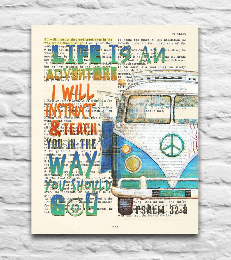 Psalm 32:8 Life is An Adventure, I Wil Instruct and Teach You Vintage Bible printable DIGITAL , Diy Christian Gift, 8x10 & 11x14 Jpegs image 1