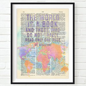 The world is a book and those who do not travel only read one page - St. Augustine ART PRINT, UNFRAMED, Vintage Dictionary Page, All Sizes