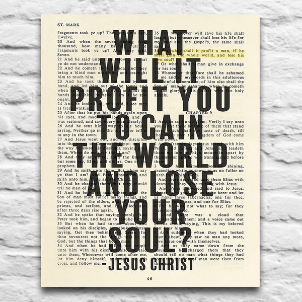 Mark 8:36 - What Will it Profit You to Gain the World- Vintage Bible page printable DIGITAL DOWNLOAD, Diy Christian Gift, 8x10 & 11x14 Jpegs