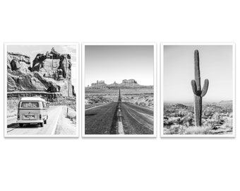 May include: A set of three black and white photographs featuring desert landscapes. The first photo shows a vintage van driving on a road through a rocky desert. The second photo shows a long, straight road leading into a desert landscape with mountains in the distance. The third photo shows a tall cactus in the desert.