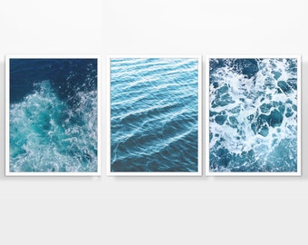 Beach Ocean Waves Photography Prints, Set of 3, UNFRAMED, Coastal photos, Nautical Abstract Home and Wall Art Decor Poster, All Sizes