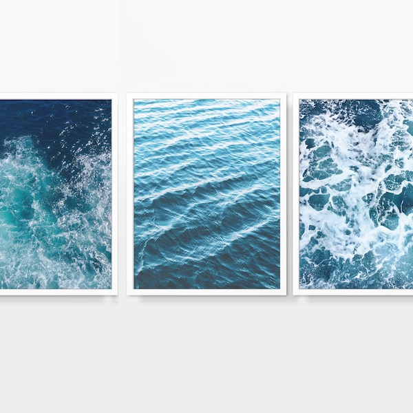 Beach Ocean Waves Photography Prints, Set of 3, UNFRAMED, Coastal photos, Nautical Abstract Home and Wall Art Decor Poster, All Sizes