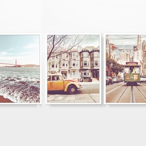 Vintage San Francisco California Photography Prints, Set of 3, UNFRAMED, Golden Gate Bridge, Classic Car, Trolley Wall Art, All Sizes