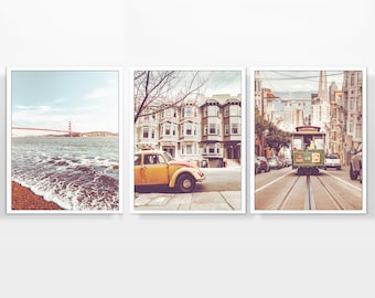 Vintage San Francisco California Photography Prints, Set of 3, UNFRAMED, Golden Gate Bridge, Classic Car, Trolley Wall Art, All Sizes