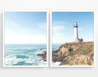 Seascape Lighthouse Photography Prints, Set of 2, UNFRAMED, Coastal Decor, Fine Art photography, Nautical Wall Art Decor Poster, All Sizes