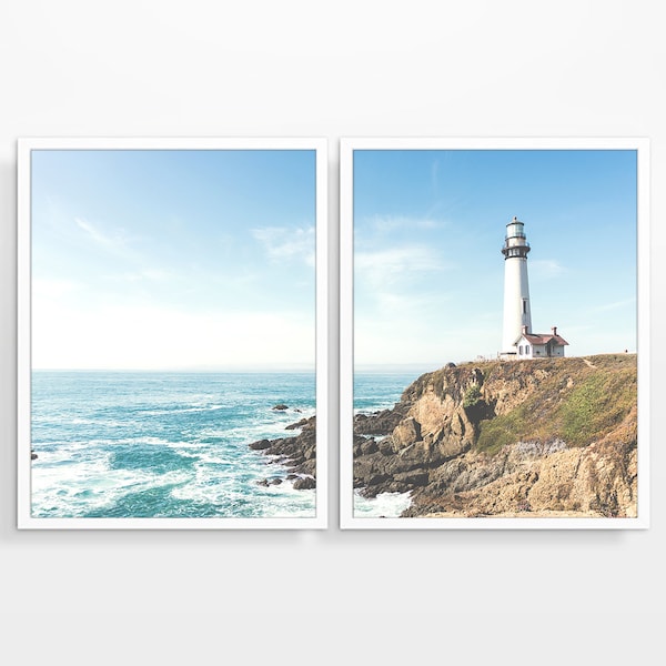 Seascape Lighthouse Photography Prints, Set of 2, UNFRAMED, Coastal Decor, Fine Art photography, Nautical Wall Art Decor Poster, All Sizes