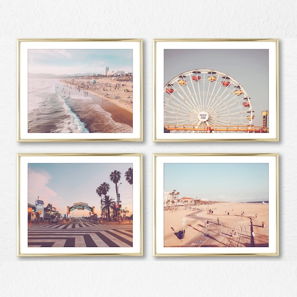 Santa Monica & Venice Beach Photography Prints, Set of 4, UNFRAMED, Boardwalk, Ferris Wheel, Coastal Home Wall Art Decor Poster, All Sizes