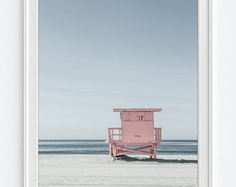 Pink Lifeguard Stand Station Photography PRINT or CANVAS, Coastal beach nautical home wall decor, All Sizes