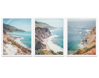 Vintage Pacific Highway Coast California Photography Prints, Set of 3, UNFRAMED, Coastal Rocky Mountain Shore Wall & Home Decor, All Sizes