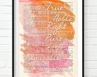 Escritura del versículo de la página de la Biblia vintage - Filipenses 4:8 - Lo que sea verdadero ART PRINT o CANVAS regalo inspirador cristiano para ella, todos los tamaños
