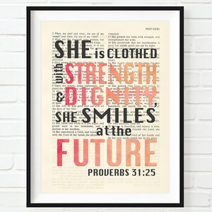Vintage Bible page verse scripture -She is clothed with Strength & Dignity she- Proverbs 31:25 ART PRINT or CANVAS christian gift, All Sizes