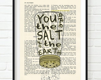 Vintage Bible page verse scripture - You are the salt of the earth -Matthew 5:13 ART PRINT or CANVAS christian Christmas gift, All Sizes