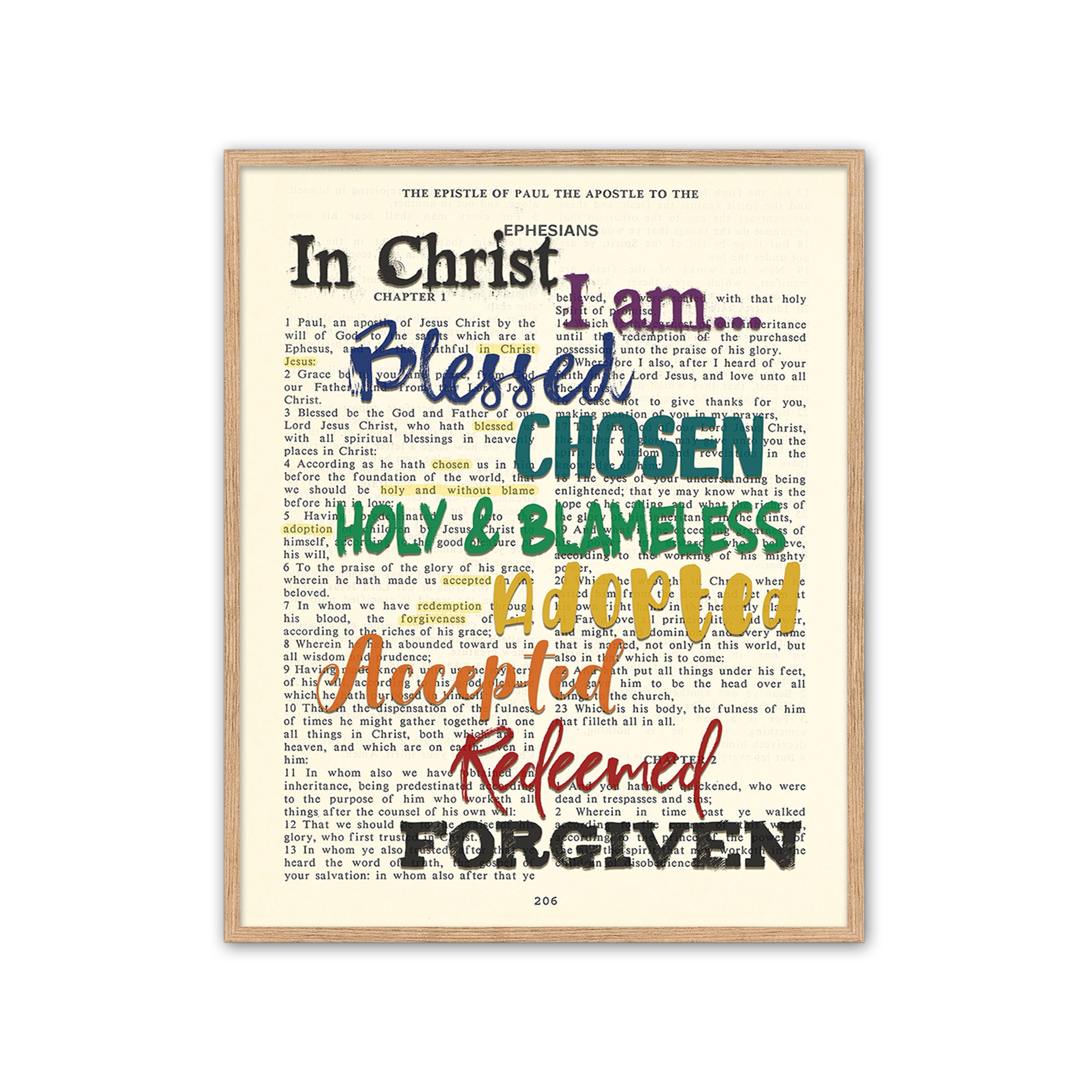 In Christ I am -Ephesians 1 ART PRINT or CANVAS, Vintage Bible page verse scripture,  Christian wall art gift, All Sizes