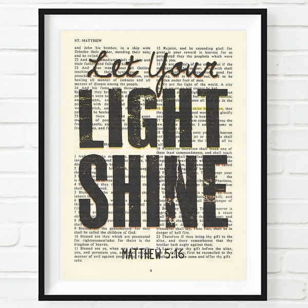 Vintage Bible page verse scripture - Let your Light Shine -Matthew 5:16 ART PRINT or CANVAS christian Christmas gift, All Sizes