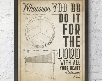 Whatever you do, do it for the Lord- Colossians 3:23 Bible Verse Patent ART PRINT,  Vintage Volleyball Patent, Christian gift, All Sizes