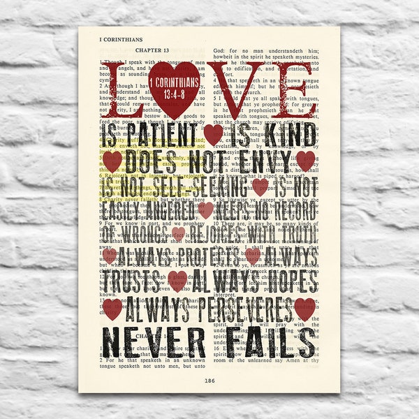 1 Corinthians 13:4-8 Love is Patient, Love is Kind - Vintage Bible Page printable DIGITAL DOWNLOAD, Diy Christian Gift, 8x10 & 11x14 Jpegs