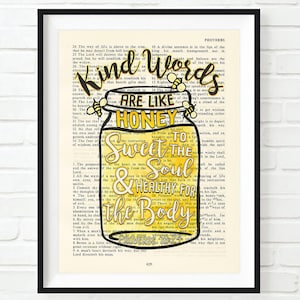 Vintage Bible page verse scripture -Kind words are like honey sweet to the soul-Proverbs 16:24 ART PRINT or CANVAS Christian gift, All Sizes