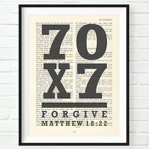 Vintage Bible page verse scripture -70 x 7 Forgive - Matthew 18:22 ART PRINT or CANVAS christian gift forgiveness Jesus words, All Sizes