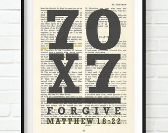 Vintage Bible page verse scripture -70 x 7 Forgive - Matthew 18:22 ART PRINT or CANVAS christian gift forgiveness Jesus words, All Sizes