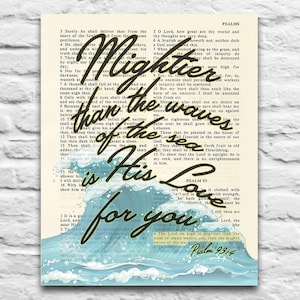 Psalm 93:4 - Mightier than the waves of the sea - Vintage Bible page printable DIGITAL DOWNLOAD, Diy Christian Gift, 8x10 & 11x14 Jpegs